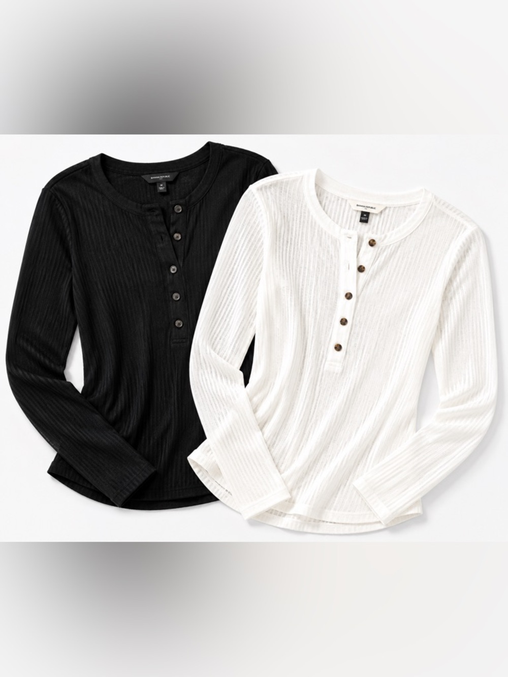 Banana Republic set of 2! Semi Sheer Ribbed Henley Long Sleeve Top Black & White